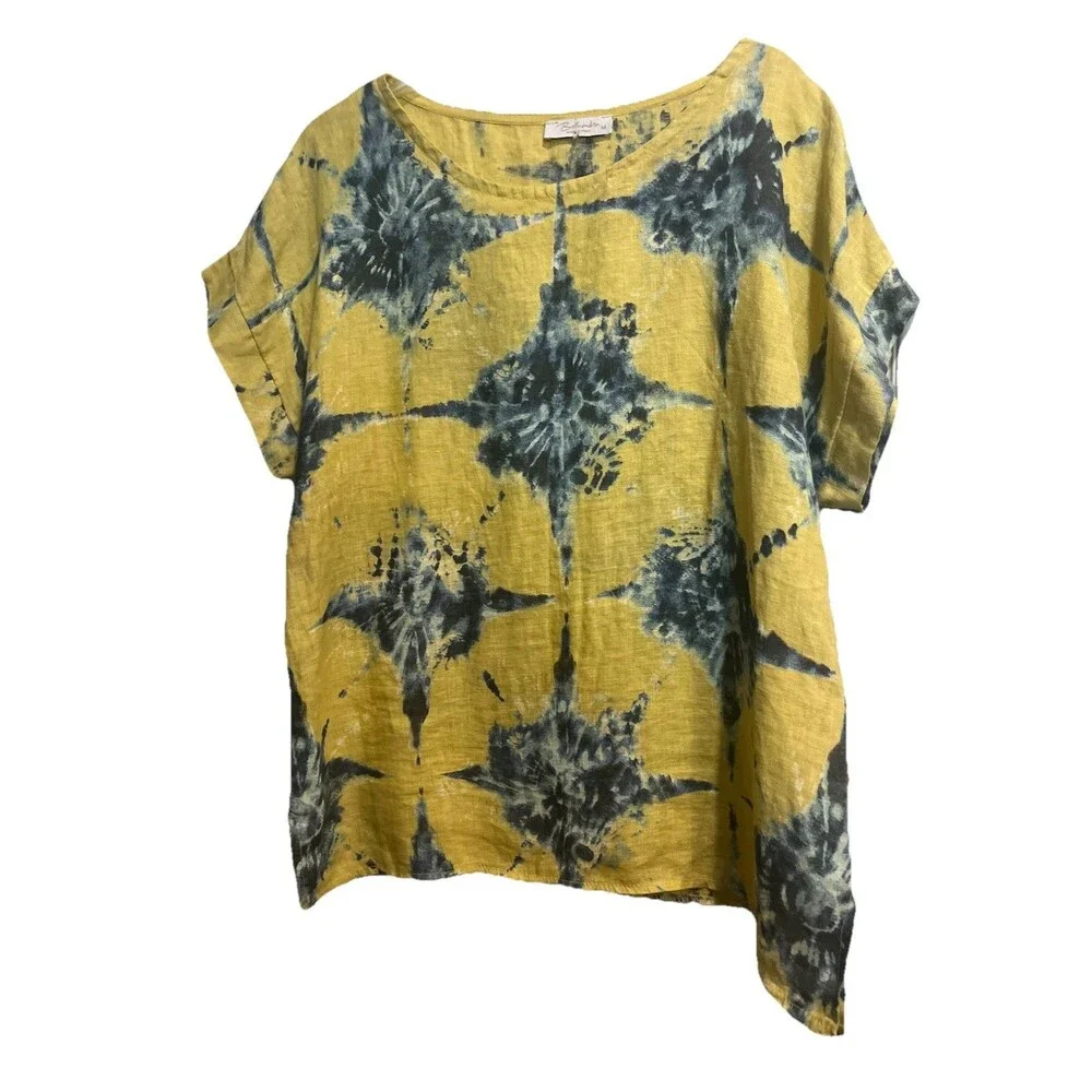 Bellambra Women's Top Made in Italy Linen Tie Dye Blouse Yellow/Blue Medium - Picture 2 of 4